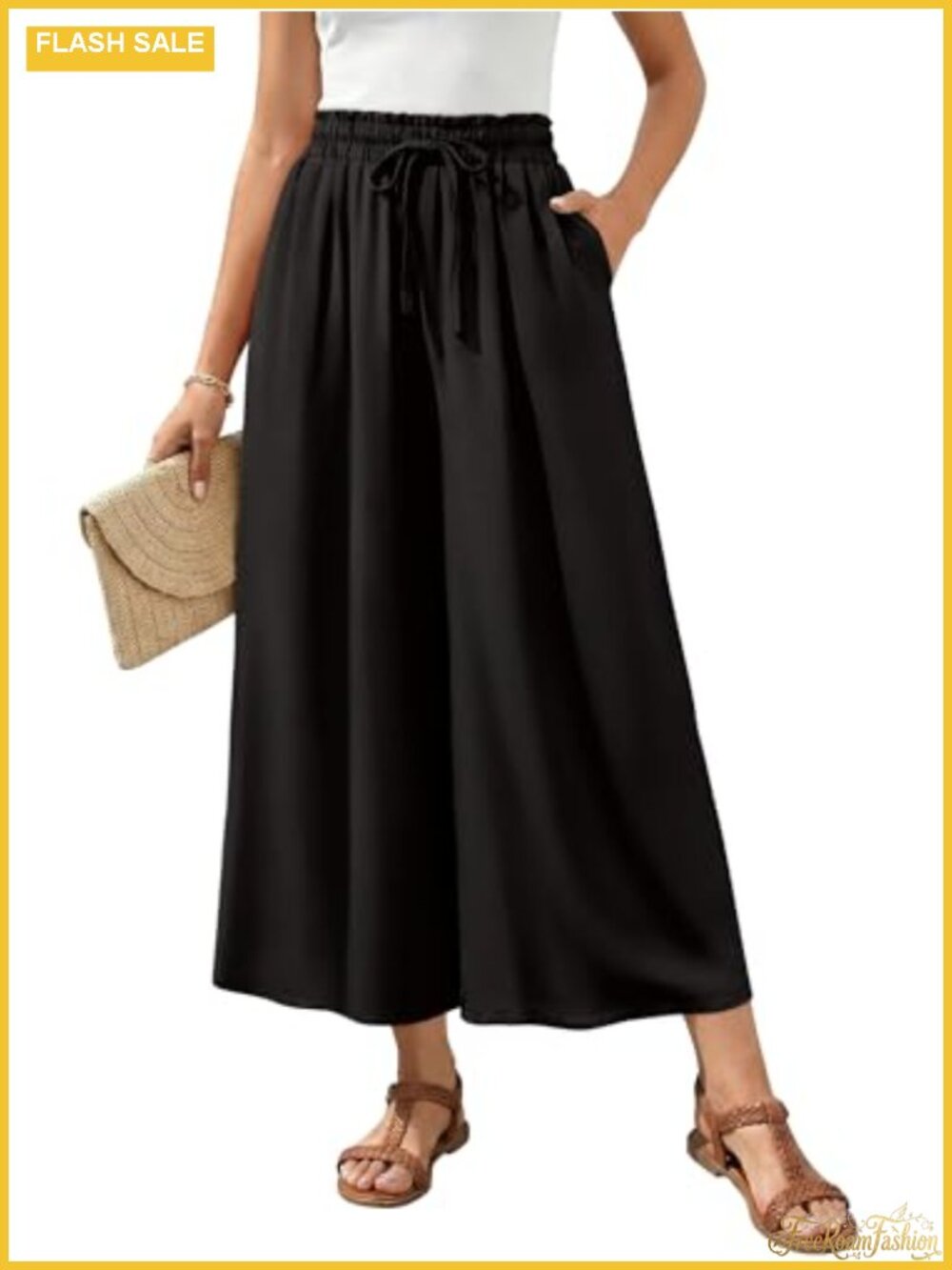 Flowy Wide Leg Palazzo Pants Elastic Waist Drawstring Side Pockets Petite